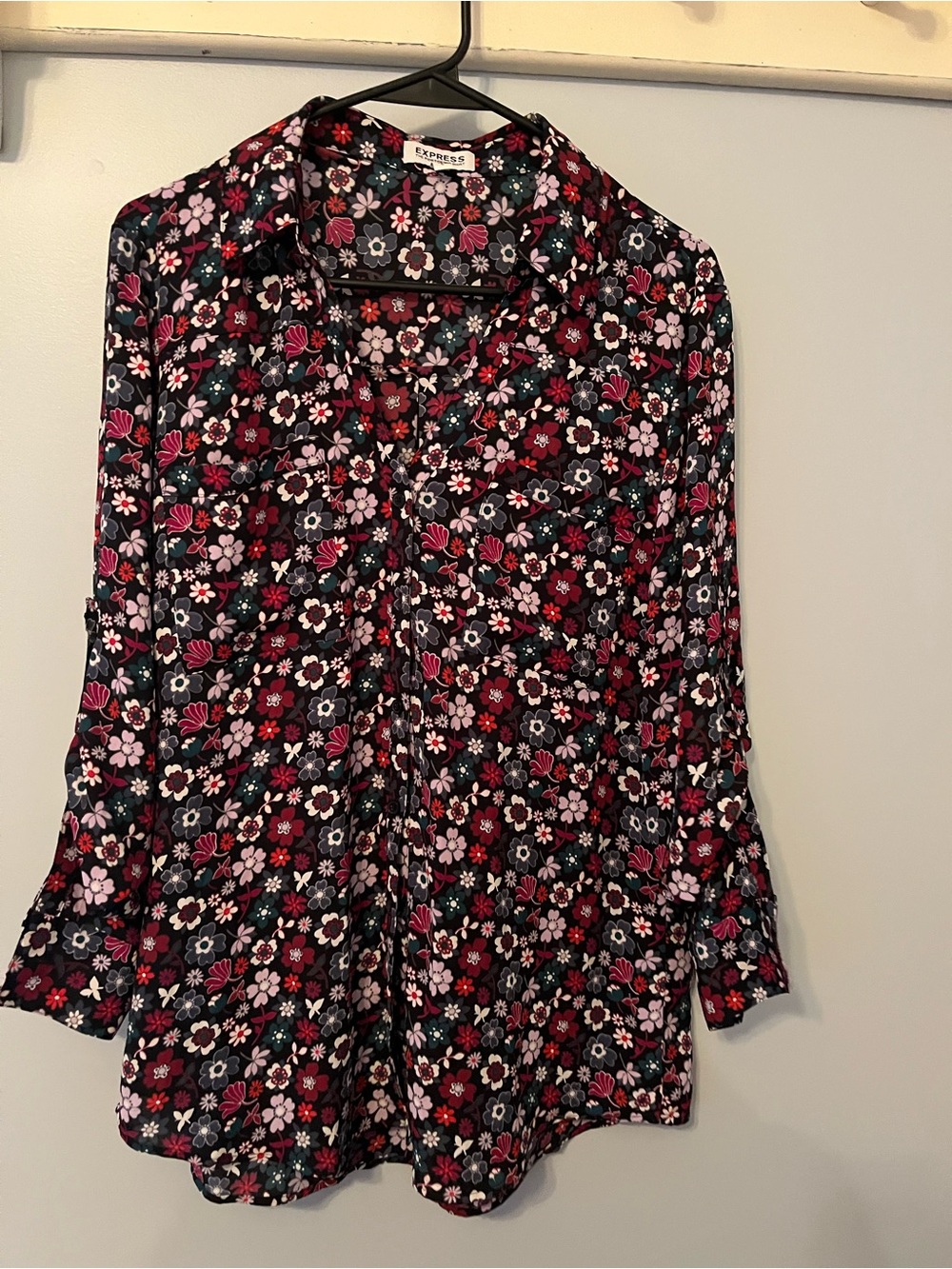 Express Black Floral Button-Up Blouse with Pink and Red Accents